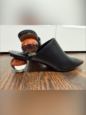 Italian Black Leather Pointed-Toe Mule Heels with Clear Wood-Effect Orb Heels